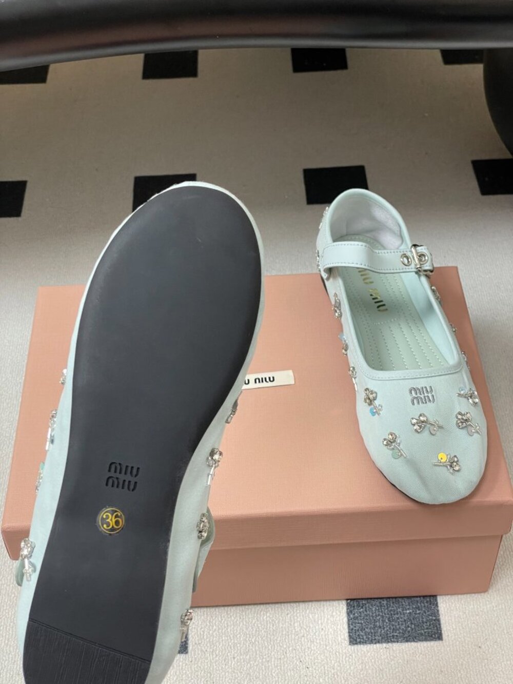 Miu Miu Light Blue Rhinestone-Embellished Mary Jane Ballet Flats - Picture 9 of 9